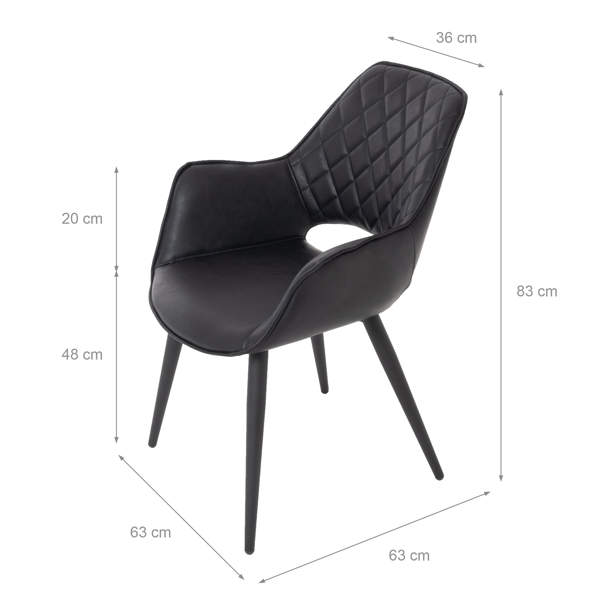 Målangivelse af en sort stol med dimensioner.