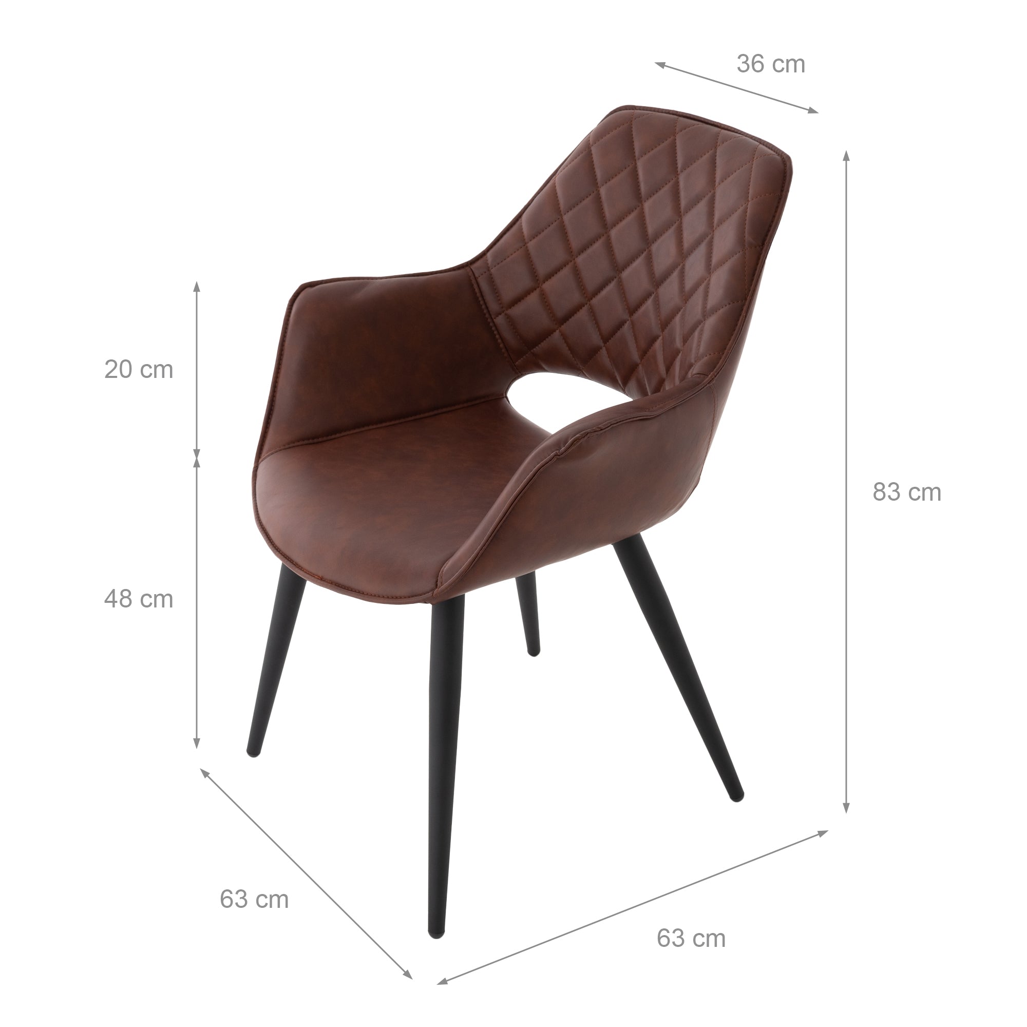 Sedia marrone con cuciture a rombi, le dimensioni sono indicate.
