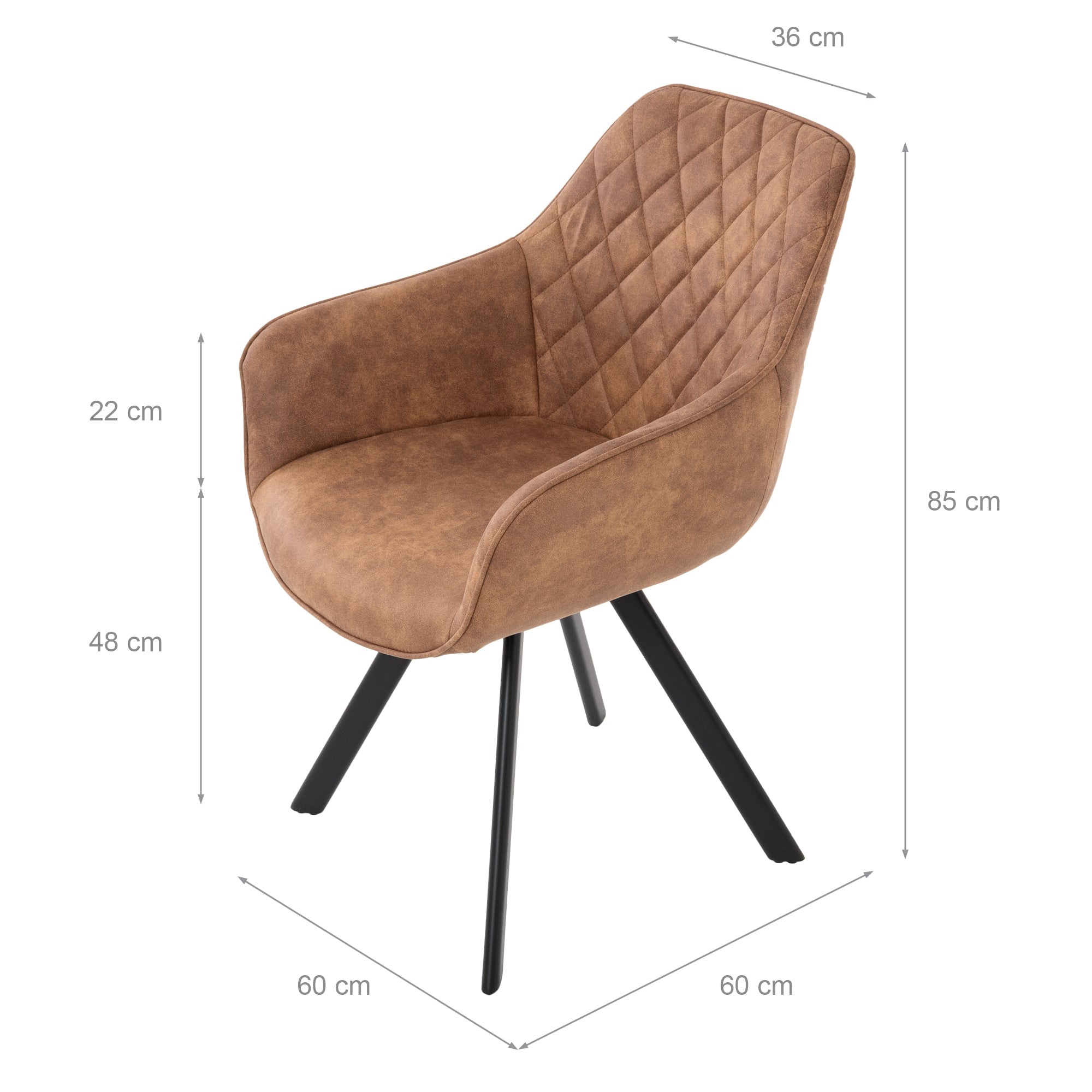 Chaise brune avec assise et dossier rembourrés, dimensions : 60 cm x 85 cm.