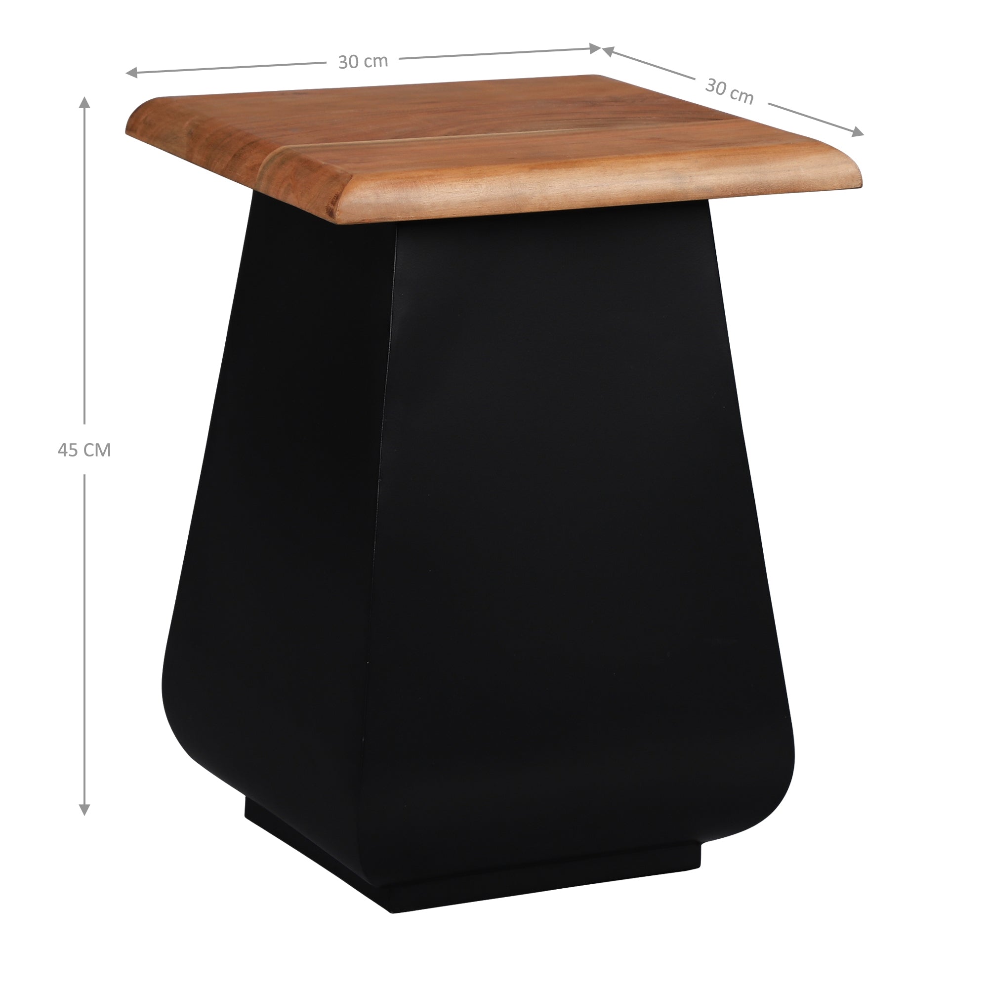 Schwarzer Tisch mit Holzplatte, Maße: 30 cm x 30 cm x 45 cm.