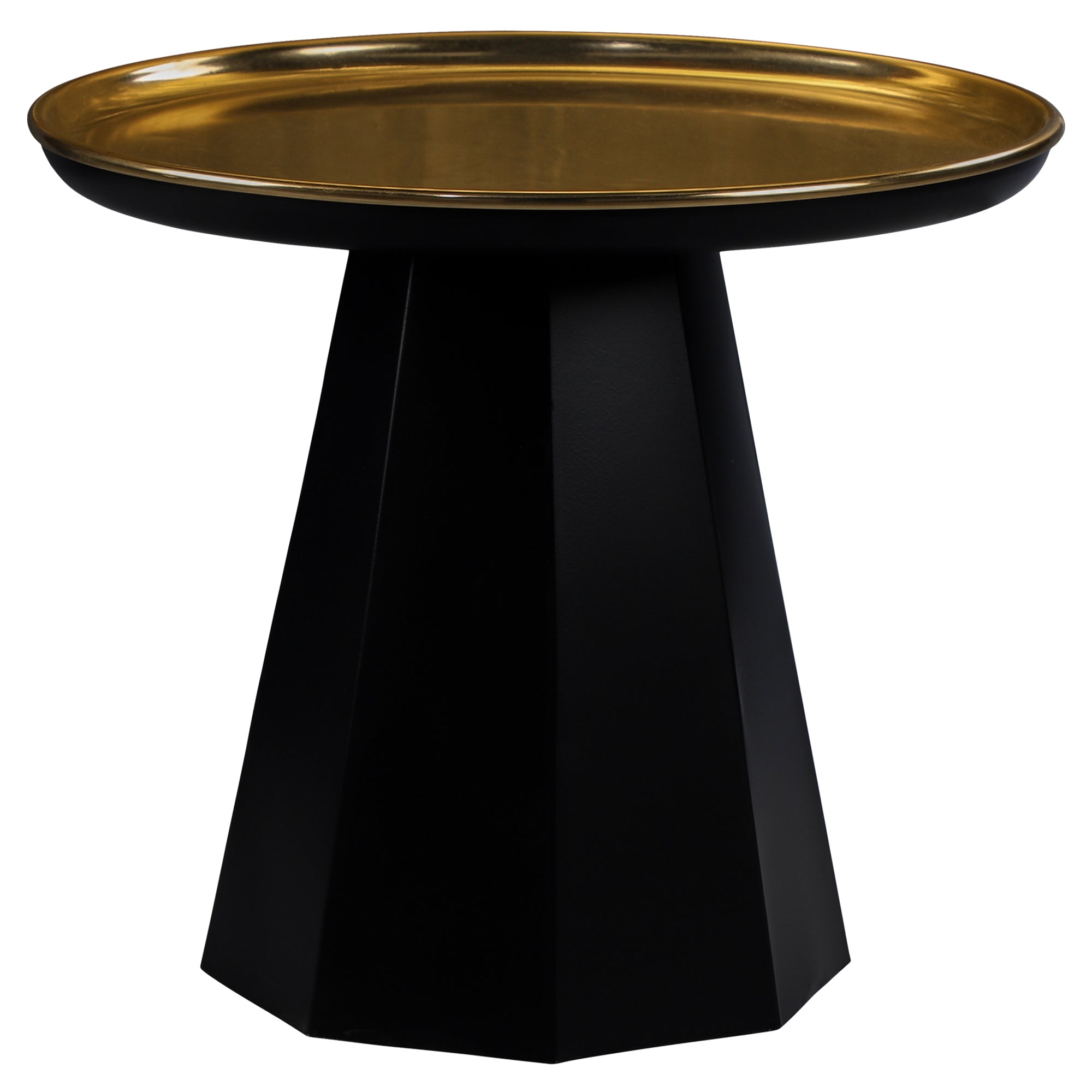 Mesa negra con tapa de mesa redonda dorada.